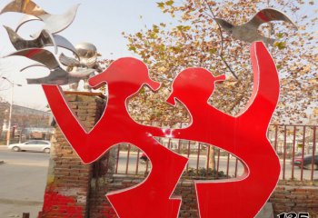鴿子雕塑-公園創意紅色抽象小女孩手托不銹鋼鴿子雕塑