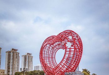 鴿子雕塑-創意不銹鋼鏤空紅色愛心鴿子雕塑